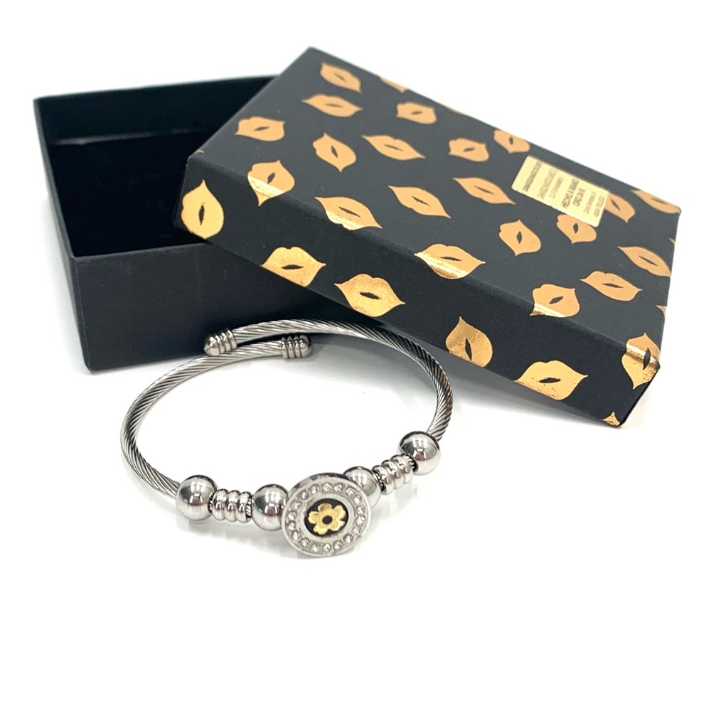 Silver Tone Twisted Cable Adjustable Cuff Bracelet with 24k Gold Flower Center